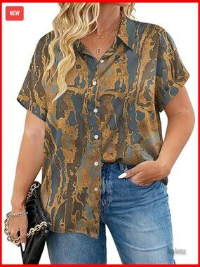 Plus Size Summer Tops Women Trendy Collared V Neck Short Sleeve Blouses